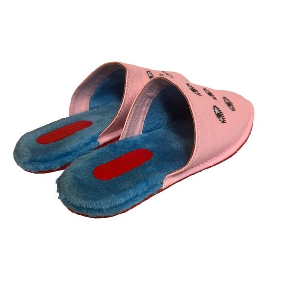 Min & Mon New York Leather Pink Eye Embroidered Slippers Blue Plush Lining 8 - Picture 2 of 6